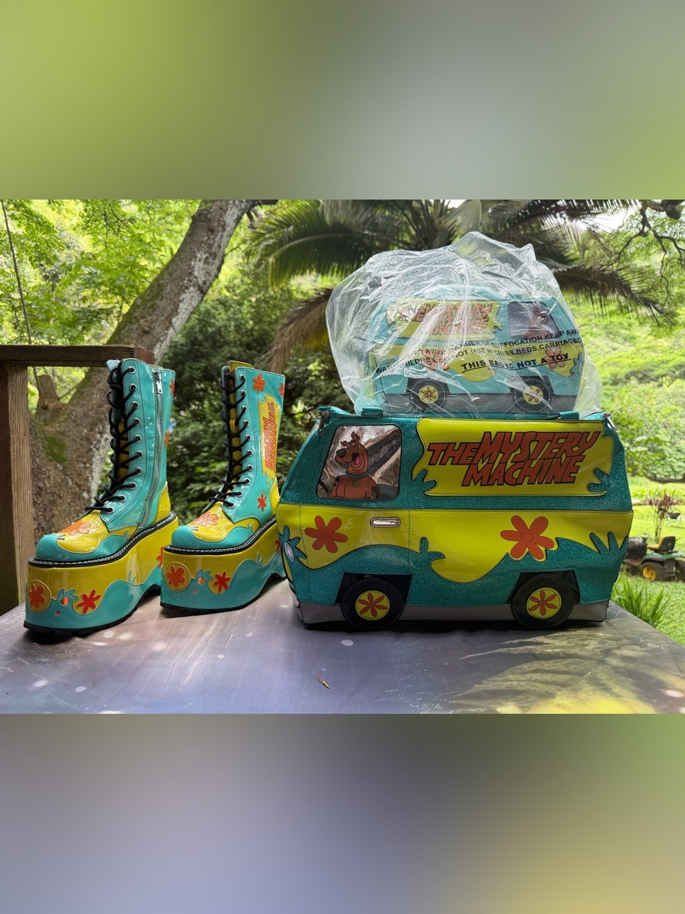 Dolls Kill The Mystery Machine Platform Boots & Van Set in Teal & Lime